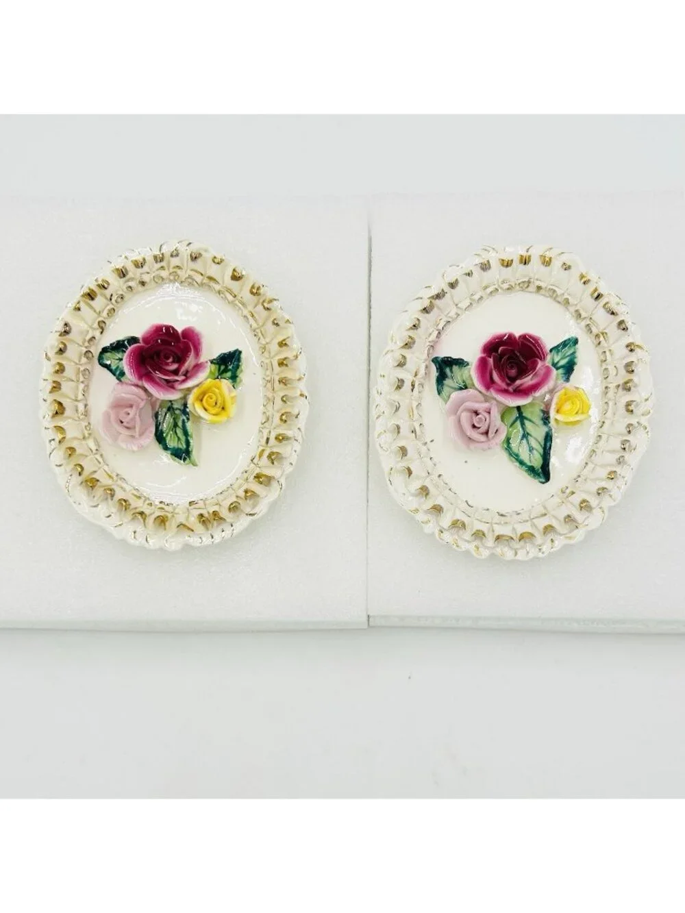 Vintage Victorian Capodimonte Porcelain Flowers Wall Plaques Japan Set of 2